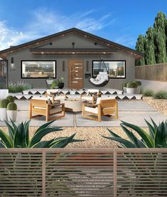 a rendering of a modern house with outdoor seating and plants in the front yard area