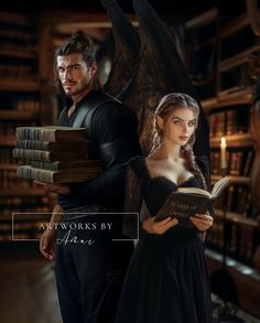 a man and woman standing next to each other holding books