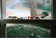 a window sill filled with small toy animals