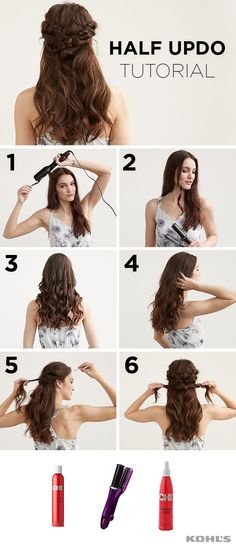 Yes, YOU can accomplish this gorgeous half updo! To prep hair, start by spraying CHI 44 Iron Guard Thermal Protection Spray onto your hair. Then, using the InStyler Rotating Iron Hair Styler, curl hair by twisting around the rod and holding down with the brush. Hold the iron still as it rotates your hair. Do this to all of your hair, then spray with CHI Infra Texture Dual Action Hairspray and brush through with your fingers. For the updo, roll side pieces of hair and pin to the back of the head. Curl Your Hair, Half Updo, Hair Styler, Wedding Updo, Hair Dos, Curled Hairstyles, Bridesmaid Hair, Prom Hair, Pretty Hairstyles