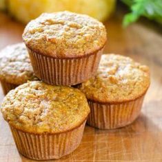 three muffins stacked on top of each other with the words carrot pineapple muffins above them