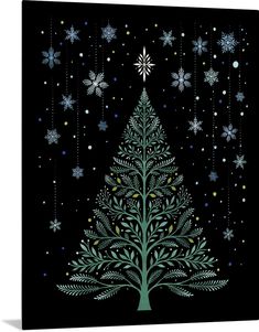 a christmas tree with snowflakes and stars in the sky on a black background