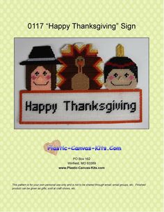 a happy thanksgiving sign with two people and a turkey in the center is featured for this cross - stitch pattern