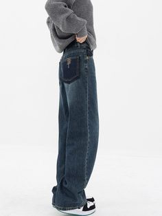 DETAILSMaterial: PolyesterFabric Type: Cotton denimWaist Type: HIGHClosure Type: Zipper FlyLength: Full LengthElasticity: Slight Stretch Blue Jeans For Women, Korean Princess, Pants Streetwear, Denim Decor, Streetwear Jeans, Formal Pants, Baggy Denim, Jeans For Women, Denim Trousers