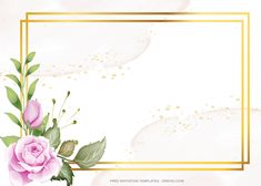 a pink rose with green leaves and gold frame on a watercolor background for text