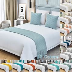 four different colors of bed linens and pillows in various styles, sizes and colors