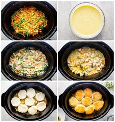 four pictures show the steps in how to make chicken pot pies and dumpling them into crockpots