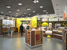 the interior of a fast food restaurant with customers