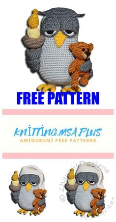 an owl with two teddy bears and the text free pattern