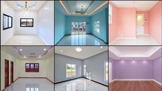 there are many different rooms in this house with pink and blue walls, white floors, and wood flooring