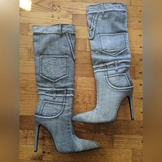 Knee High, Acid Wash Denim Boots With Belt Loop And Pocket Detail, Pointed Toes, And 4.5 Inch Stiletto Heels. New Without Tags! Never Worn. No Box. Slouchy Denim Boots, Womens Square Toe Boots, White Heeled Boots, Cowgirl Ankle Boots, Amazon Shoes, Short Ankle Boots, Denim Heels, White Cowboy Boots, Platform Heels Boots