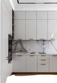 a kitchen with white cabinets and marble counter tops on the walls, along with a skylight