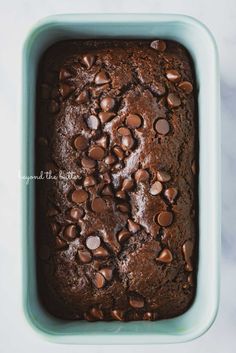 one bowl chocolate zucchini bread in a baking pan with text overlay that reads, one bowl chocolate zucchini bread