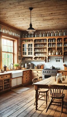 an old fashioned kitchen with wooden floors and cabinets