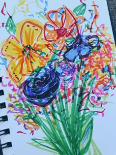 flower brush pen marker bouquet sketchbook page bright colorful fun loose flowers Colour Pens Drawing, Marker Drawings Simple, Marker Drawing Flowers, Oil Marker Art, Things To Draw With Brush Pens, Coloured Pen Art, Crayon Flowers Drawing, Colorful Pen Drawings, Marker And Pen Art