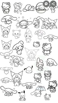 an image of cartoon animals and their names in black ink on white paper, with the words hello kitty written below it