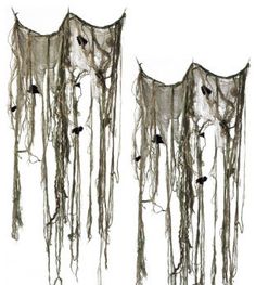 two black and white images of sheer curtains with birds on them, one hanging from the ceiling