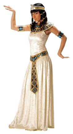 an egyptian woman dressed in white and gold with her hands out to the side,