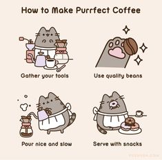 how to make purrfect coffee in cartoon style with pictures and instructions on the side