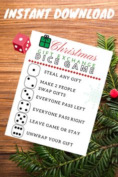 a christmas dice game is shown on top of a pine tree with the text instant christmas dice game