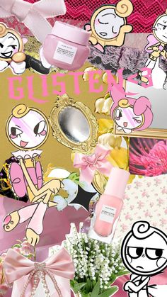 a collage of pink and gold items with the word glitta on it