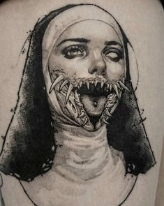 a woman's thigh with a drawing of a nun holding a knife in her mouth