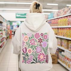 Flower Hoodie | Cottagecore Clothing | Shop Now | Sisterly Gifts Spring Cotton Hoodie With Floral Print, White Cotton Hoodie With Floral Print, Floral Print Hoodie Sweatshirt For Spring, White Floral Print Hoodie For Spring, White Floral Print Cotton Hoodie, Pastel Hoodie, Unique Floral Design, Flower Hoodie, Floral Hoodie