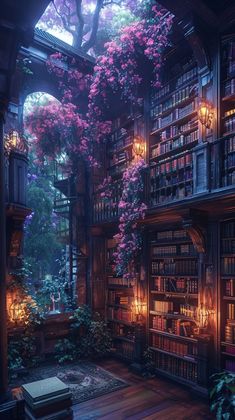 a room filled with lots of books next to a tree covered in purple flowers and lights