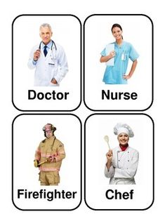 four pictures with different professions in the middle one has a doctor, nurse, firefighter, and chef