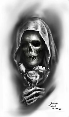 a black and white drawing of a skeleton holding a rose in its hand with the hood up