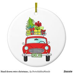 a red car with presents on the roof christmas ornament round porcelain ornament