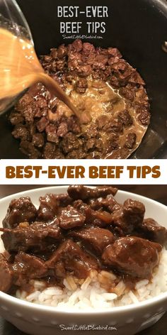 beef and rice with gravy in a bowl on the counter next to an advertisement for best - ever beef tips