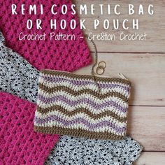 three crocheted purses with the words, remi cosmetic bag or hook pouch