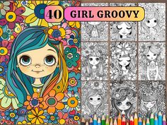 Doodle Girl, 60s Hippie, Grayscale Coloring Pages, Johanna Basford Coloring Book, Grayscale Coloring, Coloring Book For Adults, Party Prints, Creative Activities