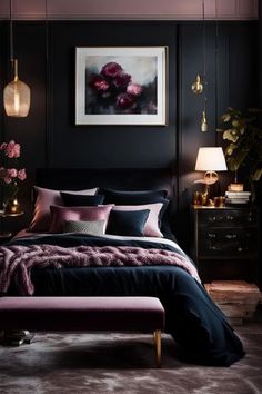 a bedroom with black walls and purple bedding