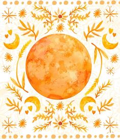 an orange moon surrounded by yellow flowers and leaves on a white background with gold dots