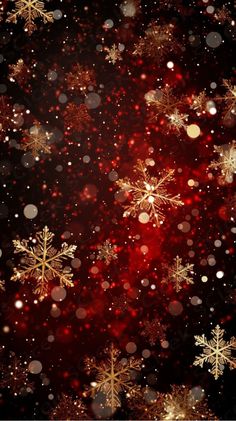 red and gold snowflakes on a black background with white stars in the sky