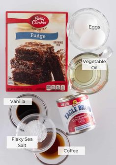 ingredients to make chocolate fudge cake laid out on a white surface with text below