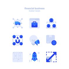 a bunch of blue and white icons that are on a white background with the words financial business color icon