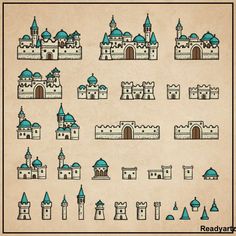 an old paper cutout with some buildings and towers on it's sides, all in different shapes and sizes