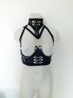 Large pentagram under bust harness Gothic Harness For Cosplay, Black Punk Harness For Festival, Black Punk Style Festival Harness, Pentagram Pendant, Serbia, Metal Chain, Vegan Leather, Bra, Collar