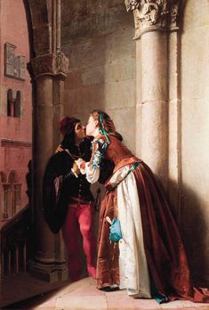 a painting of two people kissing each other in an old fashion setting with stone pillars