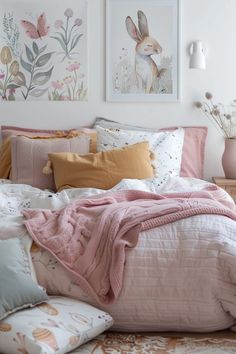 a bed covered in pink and white sheets next to two pictures on the wall above it