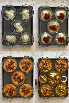 four different pans filled with food on top of a marble countertop next to each other