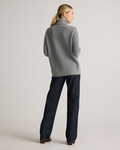 Coastal style gets cozy in our Mongolian Cashmere Fisherman Turtleneck Sweater. Crafted from Grade-A Mongolian cashmere, this plush turtleneck envelops you in warmth and softness, perfect for chilly days and cozy evenings. With a classic ribbed fisherman knit and perfectly slouchy fit, it's the quietly luxurious sweater that will elevate your fall-to-winter fashion game.  | Quince | Women's Mongolian Cashmere Fisherman Turtleneck Sweater in Heather Grey, Size Large Gray Funnel Neck Turtleneck For Fall, Gray Turtleneck For Fall, Cashmere Turtleneck For Fall, Winter Cashmere Sweater With Shawl Collar, Cashmere Turtleneck Outerwear For Layering, Cashmere Turtleneck Cardigan For Fall, Cozy Wool Turtleneck With Funnel Neck, Fall Cashmere Turtleneck Cardigan, Cozy Gray Turtleneck For Fall