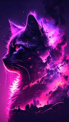 a cat with purple and pink colors on it's face looking up at the sky