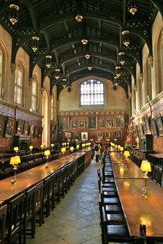 the long tables are lined up in the large room with many lamps on each side