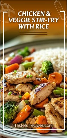 chicken and veggie stir fry with rice on a plate