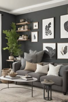 a living room with grey walls and pictures on the wall above the gray couches