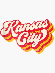 the kansas city logo is shown in red, yellow and white on a white background